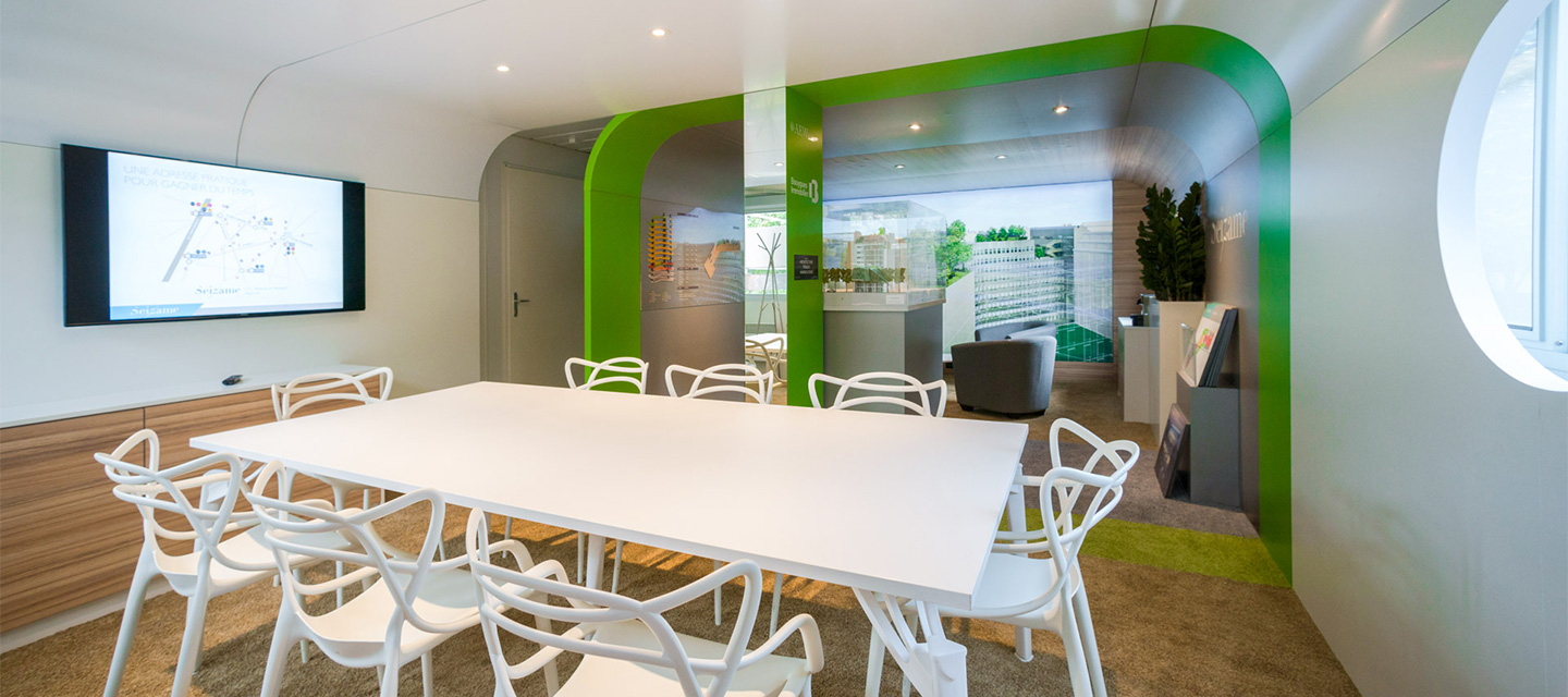 Eliquo - Design d'Espace - Projet Seizame - Conception d'une marketing suite dans un bungalow de chantier, entre stand et architecture intérieure