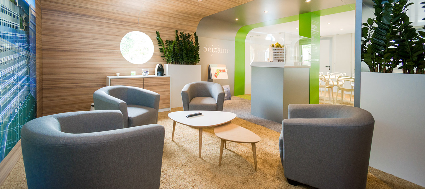 Eliquo - Design d'Espace - Projet Seizame - Conception d'une marketing suite dans un bungalow de chantier, entre stand et architecture intérieure